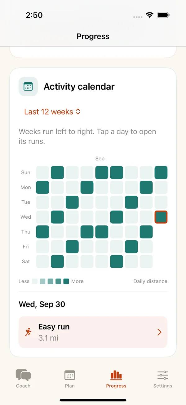 GitHub-style running activity calendar with weeks in columns and a linked run
