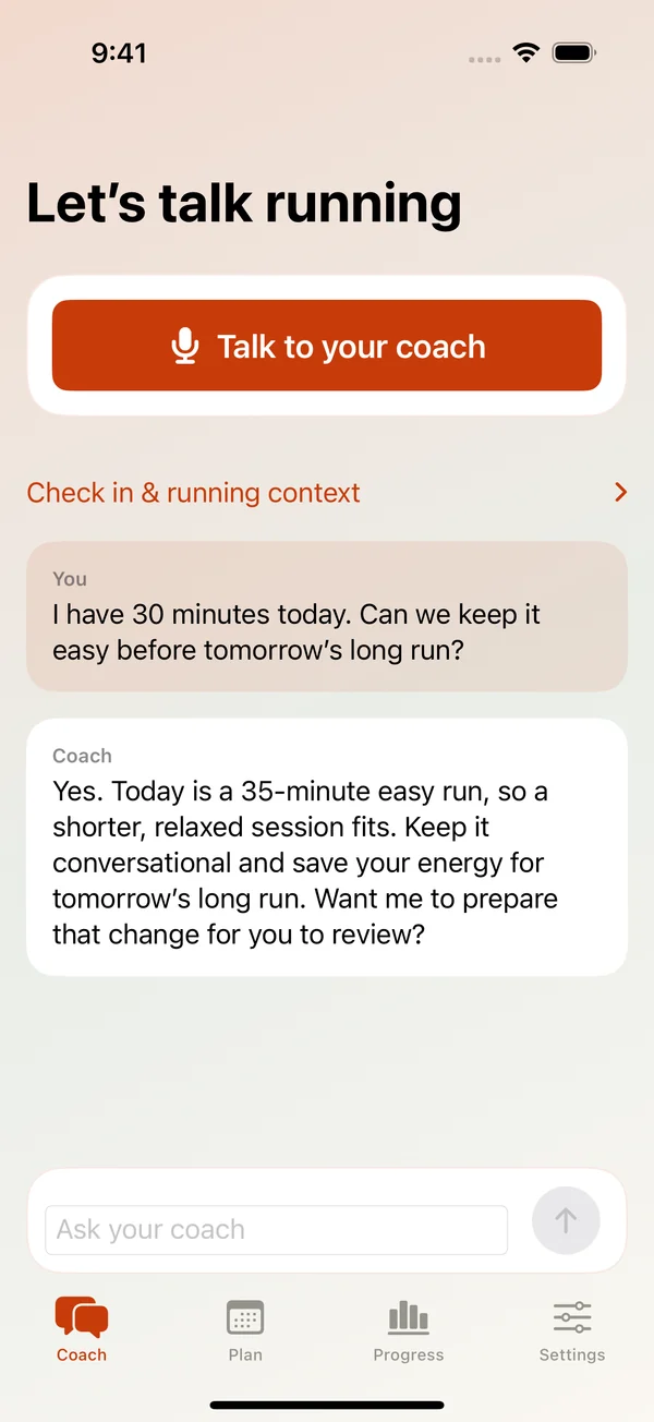 Actual Run Analytics iPhone coach screen with voice controls and a conversation about adapting an easy run