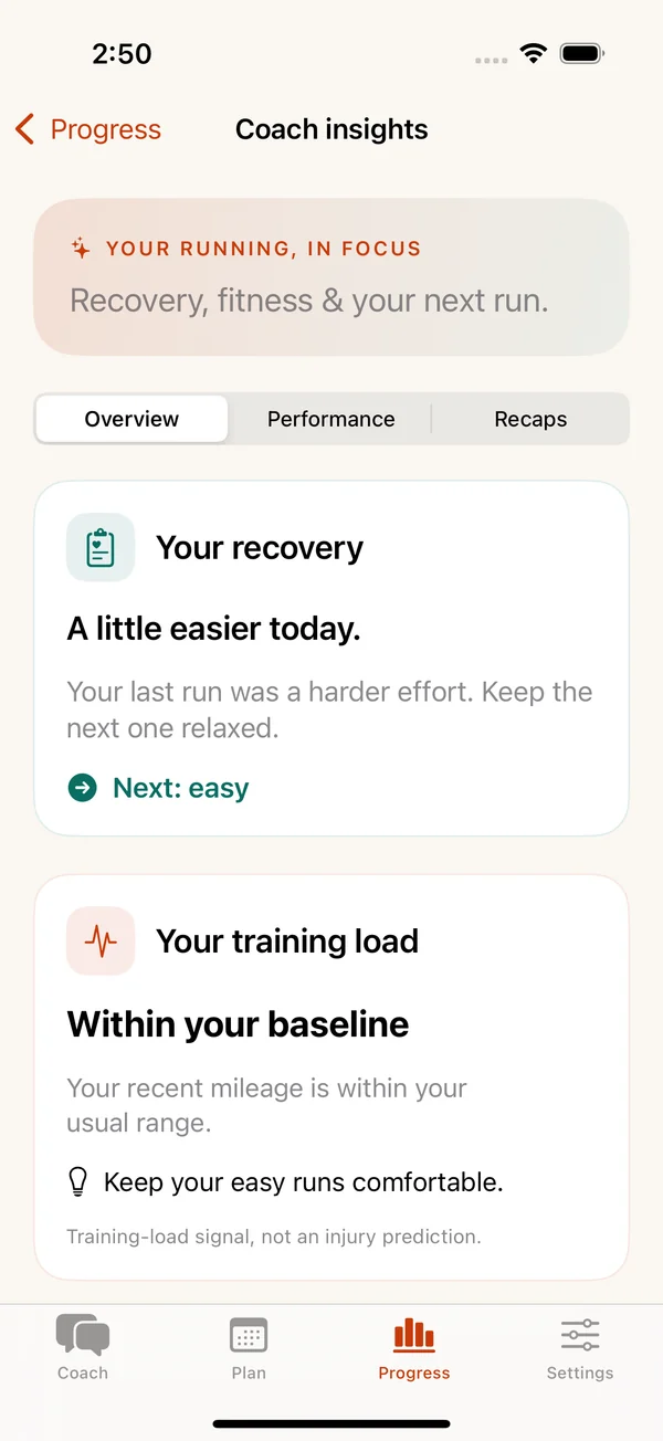 Native coach insights screen showing recovery and training load from demo running data