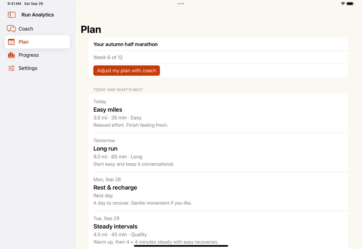 Run Analytics on iPad with a native sidebar and a populated half-marathon training plan