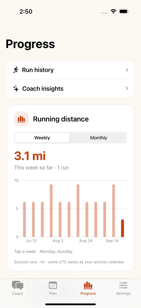 Native progress screen showing weekly running distance as a bar chart