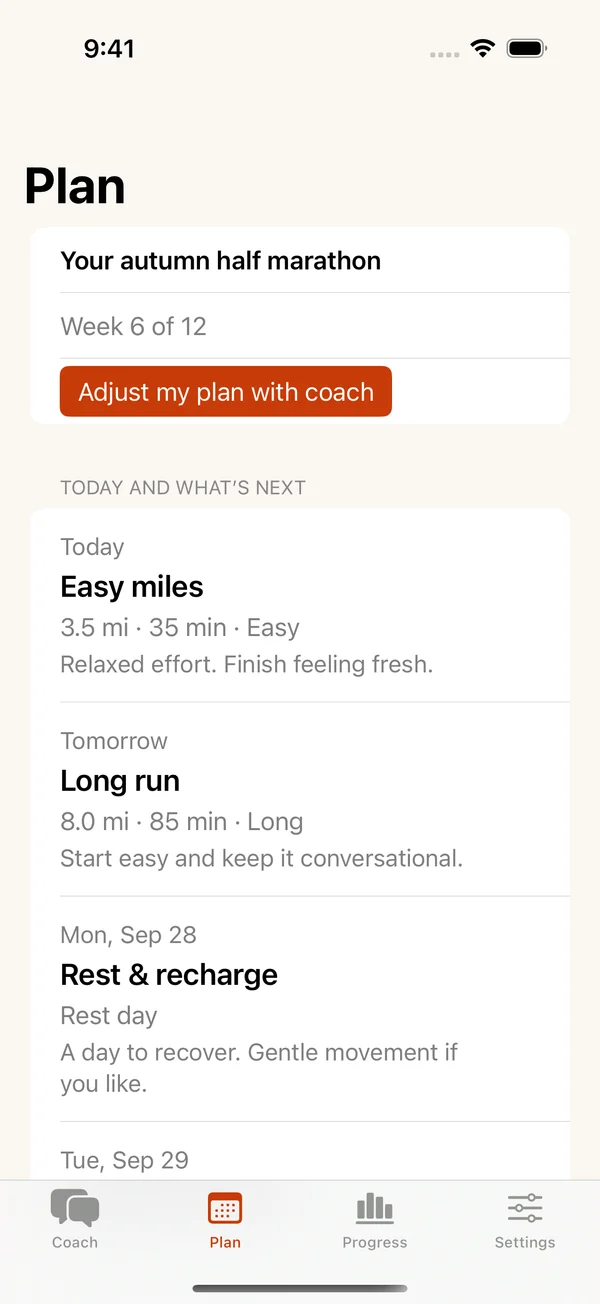 Actual training-plan screen showing today’s easy run, tomorrow’s long run and a rest day